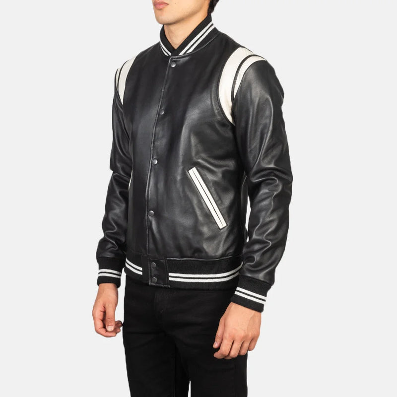  Classic striped leather jacket with distressed patches and front pockets.