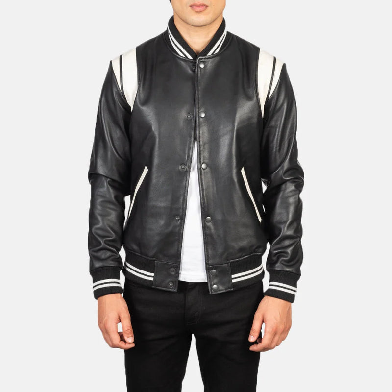  Classic striped leather jacket with distressed patches and front pockets.