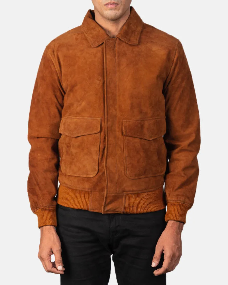 Luxurious brown suede bomber jacket, perfect for stylish men