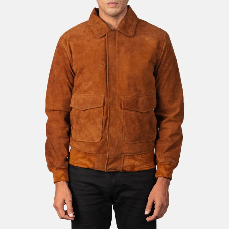 Luxurious brown suede bomber jacket, perfect for stylish men