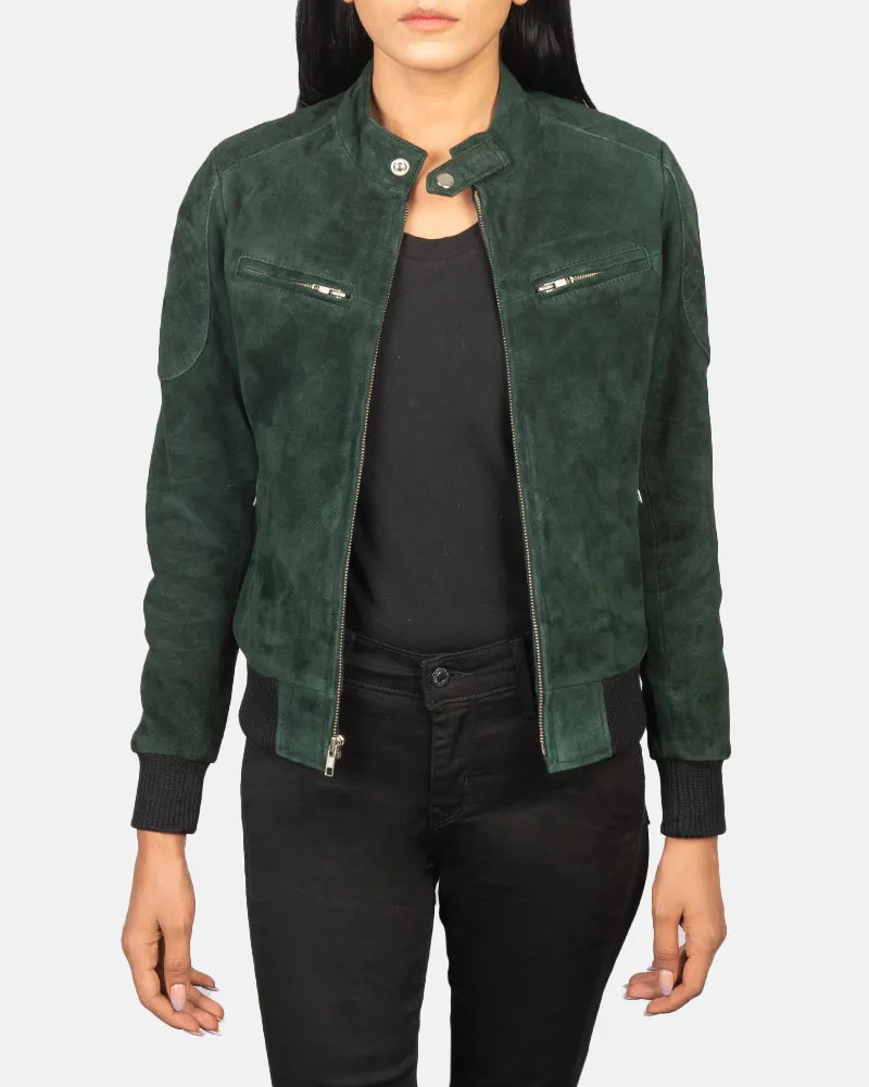 A stylish suede green jacket, perfect for adding a touch of sophistication to any outfit.