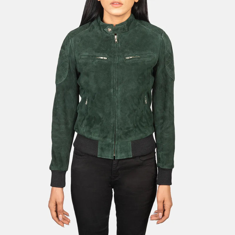 A stylish suede green jacket, perfect for adding a touch of sophistication to any outfit.