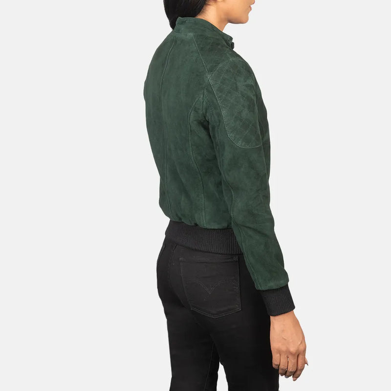 A stylish suede green jacket, perfect for adding a touch of sophistication to any outfit.