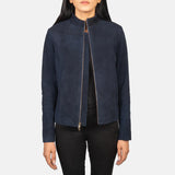 A stylish model wearing a suede jacket blue with zippers. Perfect for a trendy and fashionable look