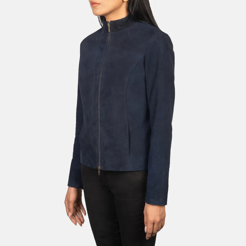 A stylish model wearing a suede jacket blue with zippers. Perfect for a trendy and fashionable look