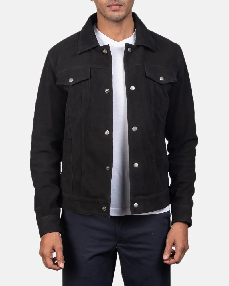 Suede Leather Jacket Men's in soft, stretchy black denim - a versatile wardrobe staple.