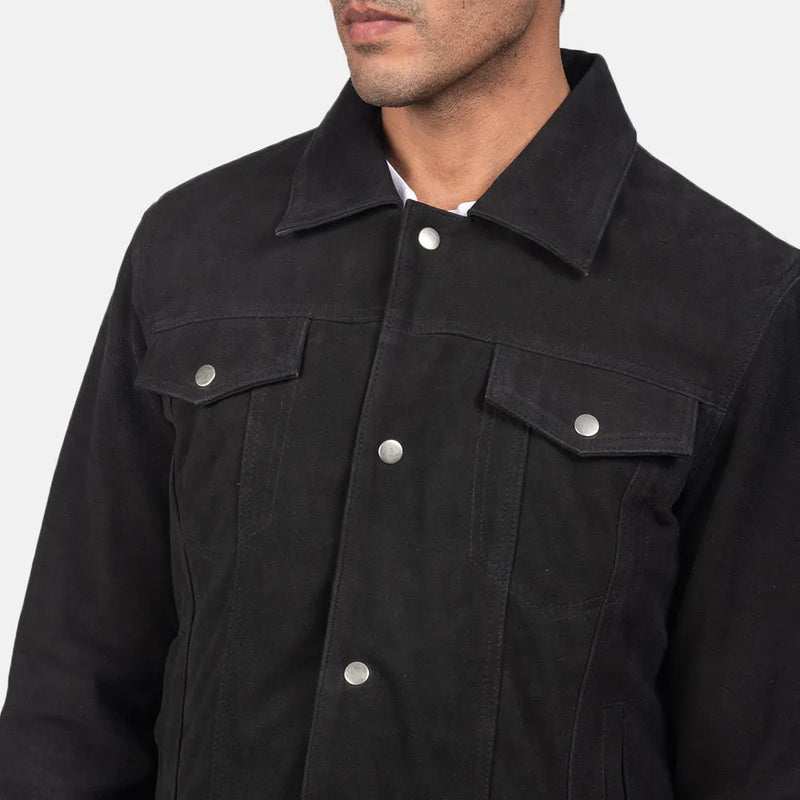 Suede Leather Jacket Men's in soft, stretchy black denim - a versatile wardrobe staple.