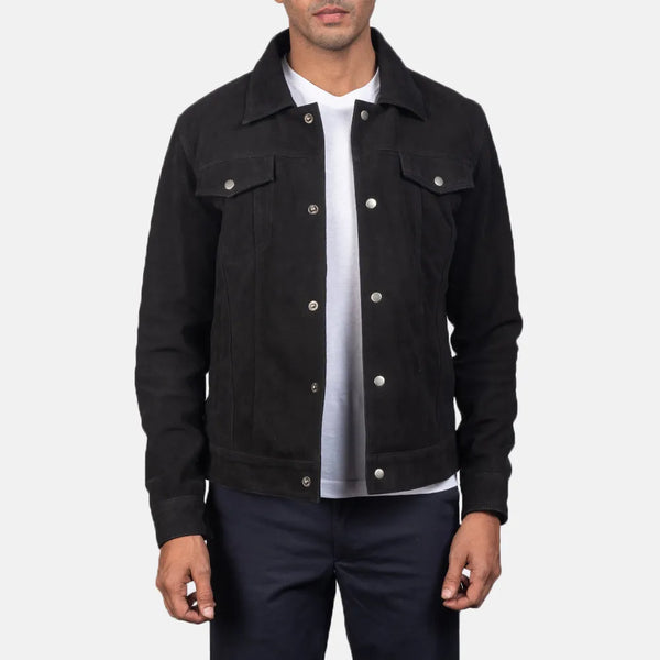 Suede Leather Jacket Men's in soft, stretchy black denim - a versatile wardrobe staple.