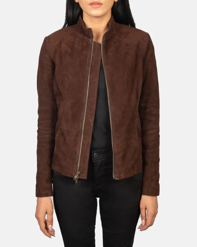 Brown suede moto jacket crafted from luxurious suede material.