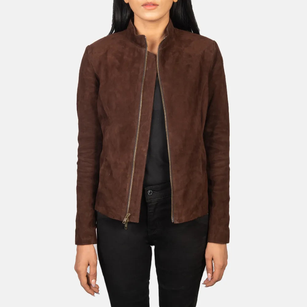 Brown suede moto jacket crafted from luxurious suede material.