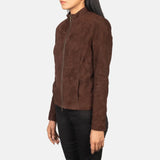 Brown suede moto jacket crafted from luxurious suede material.
