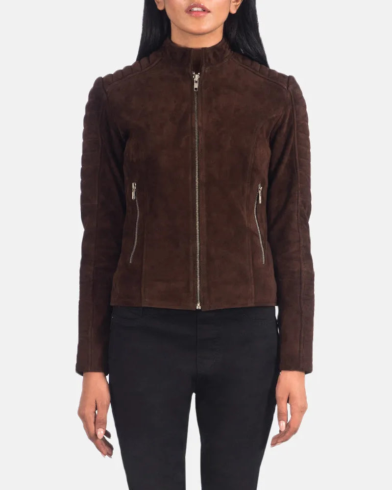 Fashionable women's brown suede jacket in a suede Trucker Jacket style.