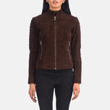 Fashionable women's brown suede jacket in a suede Trucker Jacket style.