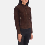 Fashionable women's brown suede jacket in a suede Trucker Jacket style.