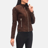 Fashionable women's brown suede jacket in a suede Trucker Jacket style.