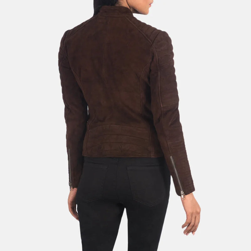 Fashionable women's brown suede jacket in a suede Trucker Jacket style.