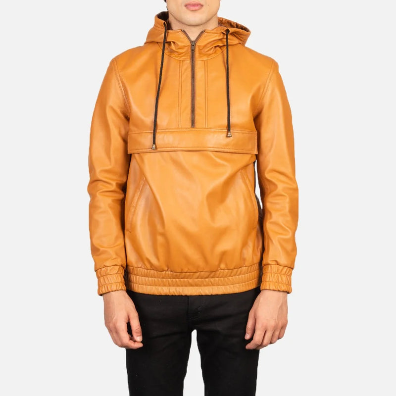 This is a stylish tan leather bomber jacket, adding a touch of sophistication to the ensemble.