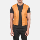 A leather vest, adds a touch of style to outfit with a trendy tan colour leather jacket.