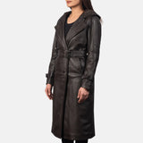 Check out this trendy black leather trench coat for women, exuding confidence and style!