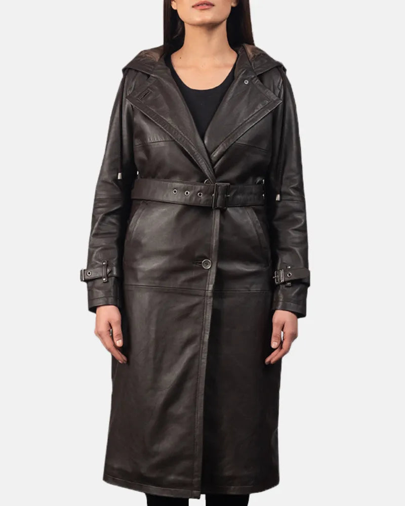 Check out this trendy black leather trench coat for women, exuding confidence and style!