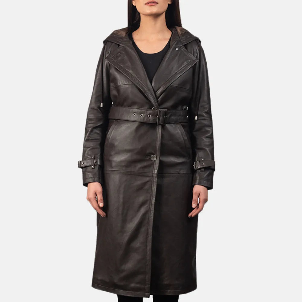 Check out this trendy black leather trench coat for women, exuding confidence and style!