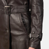 Check out this trendy black leather trench coat for women, exuding confidence and style!