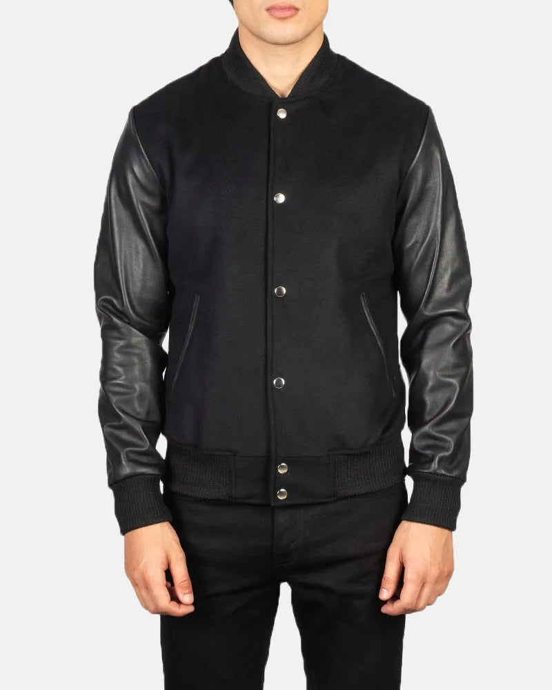 Black leather bomber jacket with sleeves, Varsity Jacket Men.