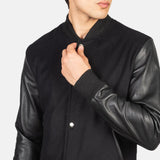 Black leather bomber jacket with sleeves, Varsity Jacket Men.