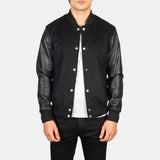 Black leather bomber jacket with sleeves, Varsity Jacket Men.