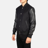 Black leather bomber jacket with sleeves, Varsity Jacket Men.