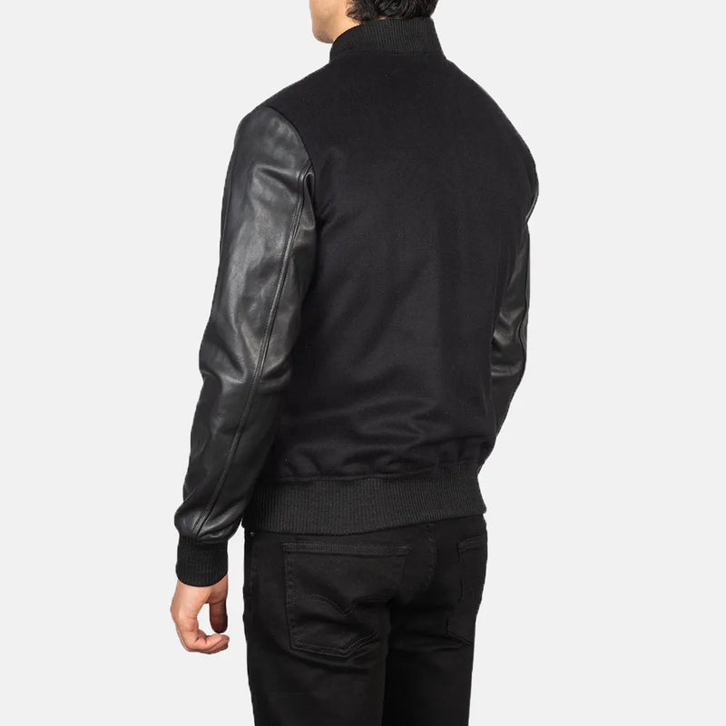 Black leather bomber jacket with sleeves, Varsity Jacket Men.