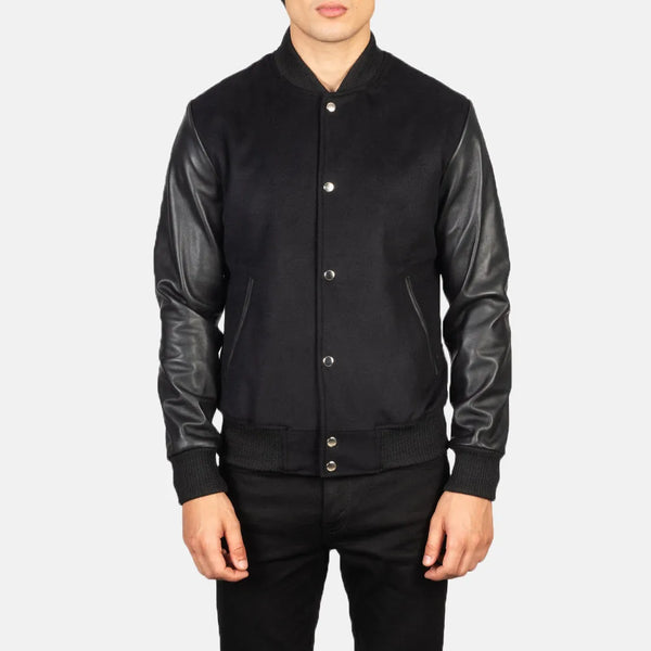 Black leather bomber jacket with sleeves, Varsity Jacket Men.