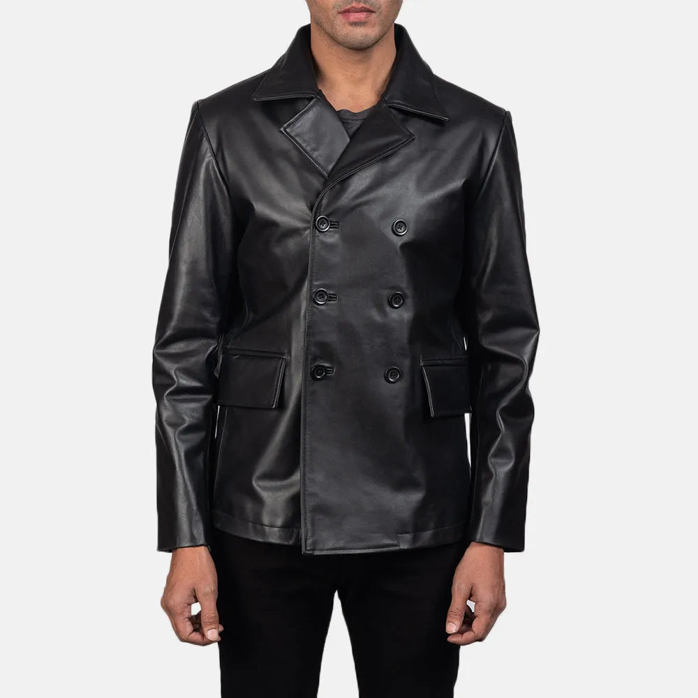 A man wearing a vintage black leather jacket, exuding a timeless and stylish appeal.