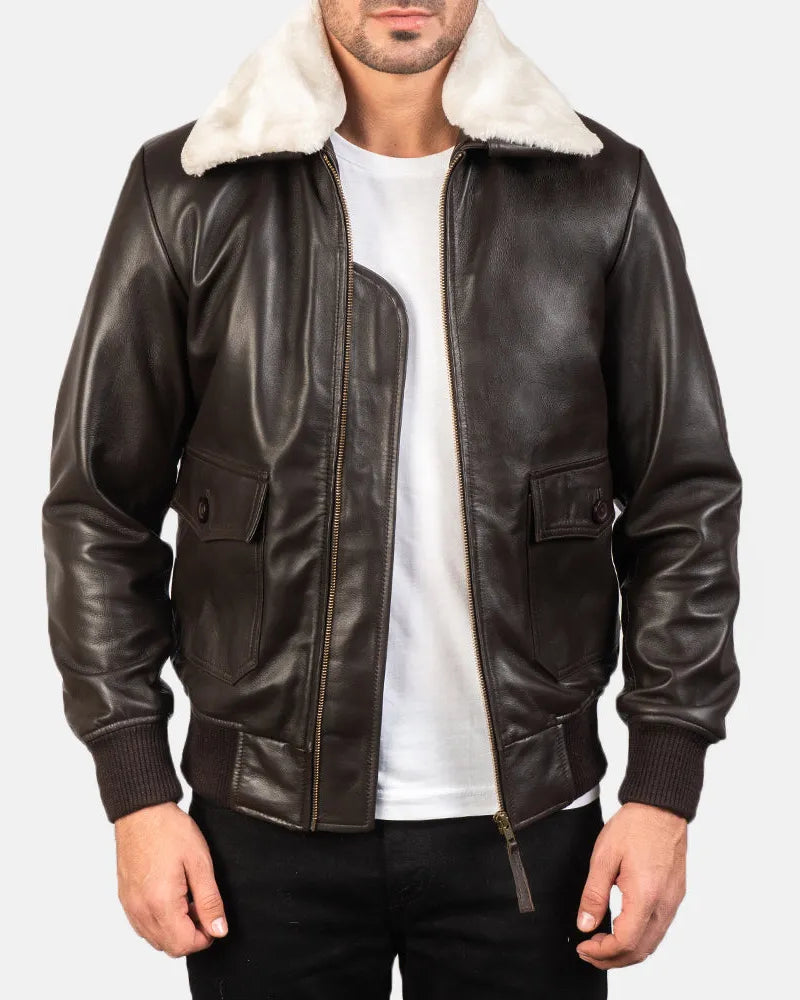 Classic men's brown leather vintage bomber jacket featuring a white collar, exuding a vintage vibe.