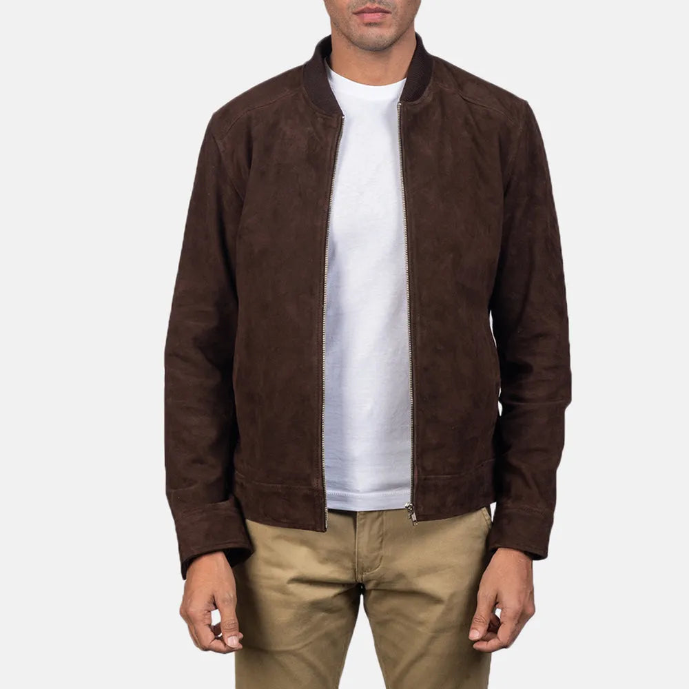 Stylish suede bomber vintage brown leather jacket, a timeless addition to your wardrobe.