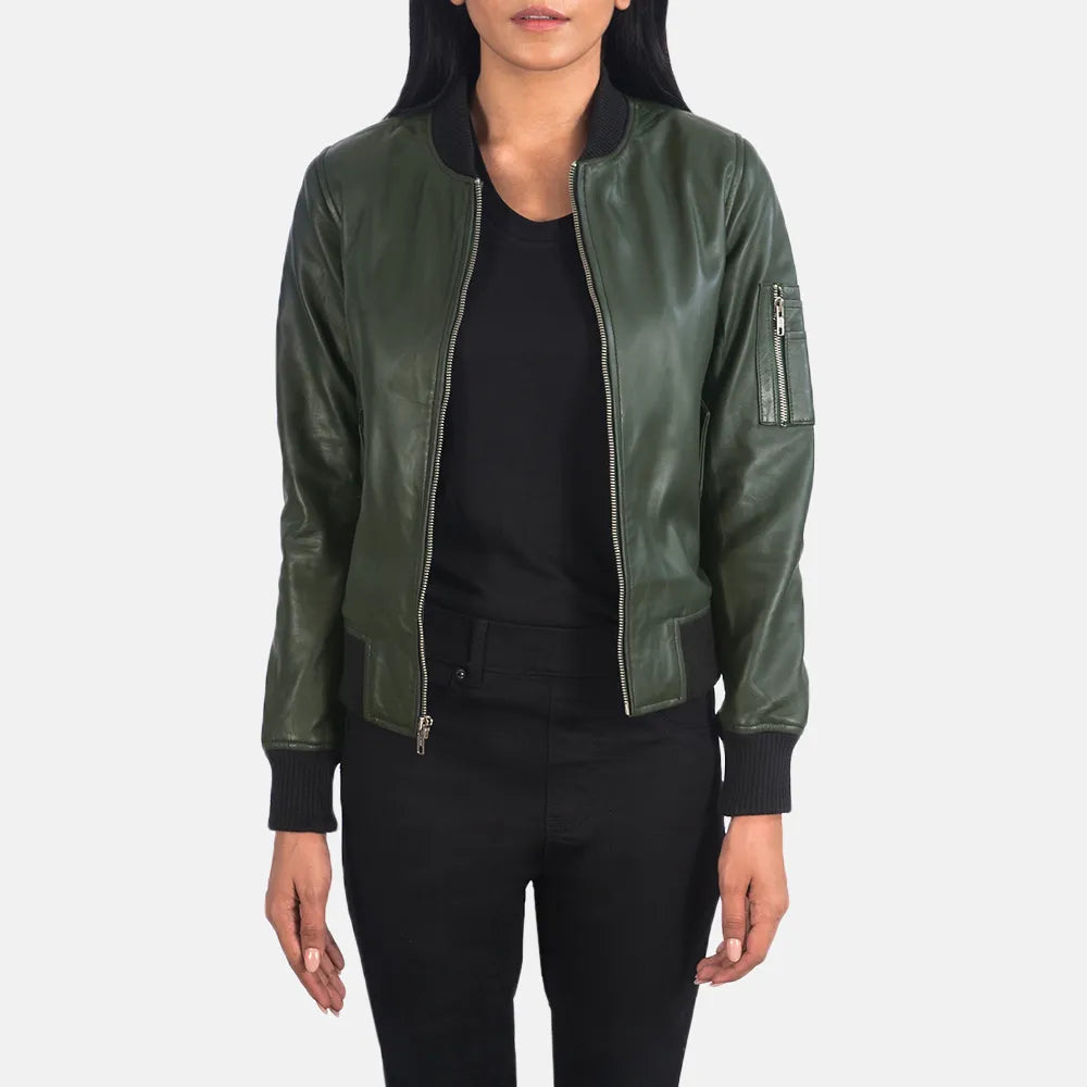 Stylish women's bomber vintage green leather jacket.