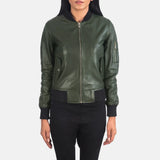 Stylish women's bomber vintage green leather jacket.