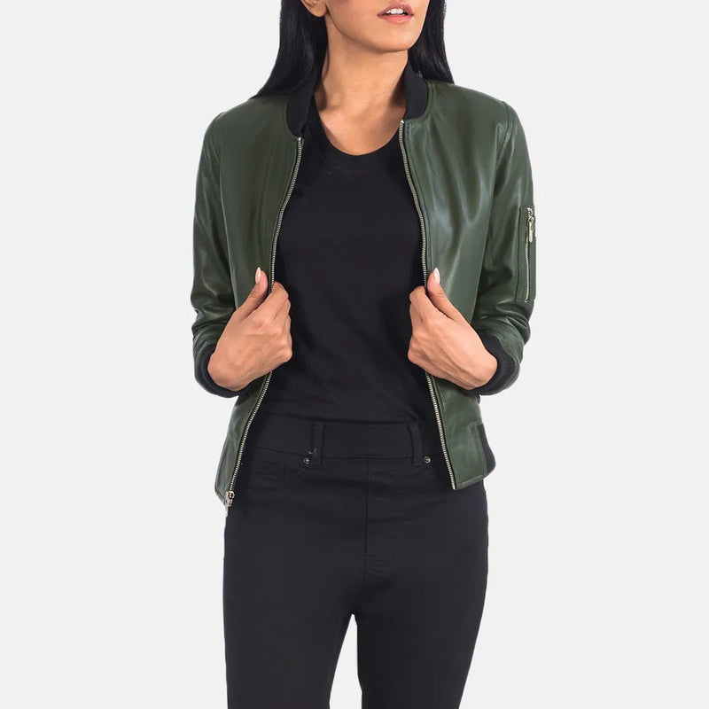 Stylish women's bomber vintage green leather jacket.
