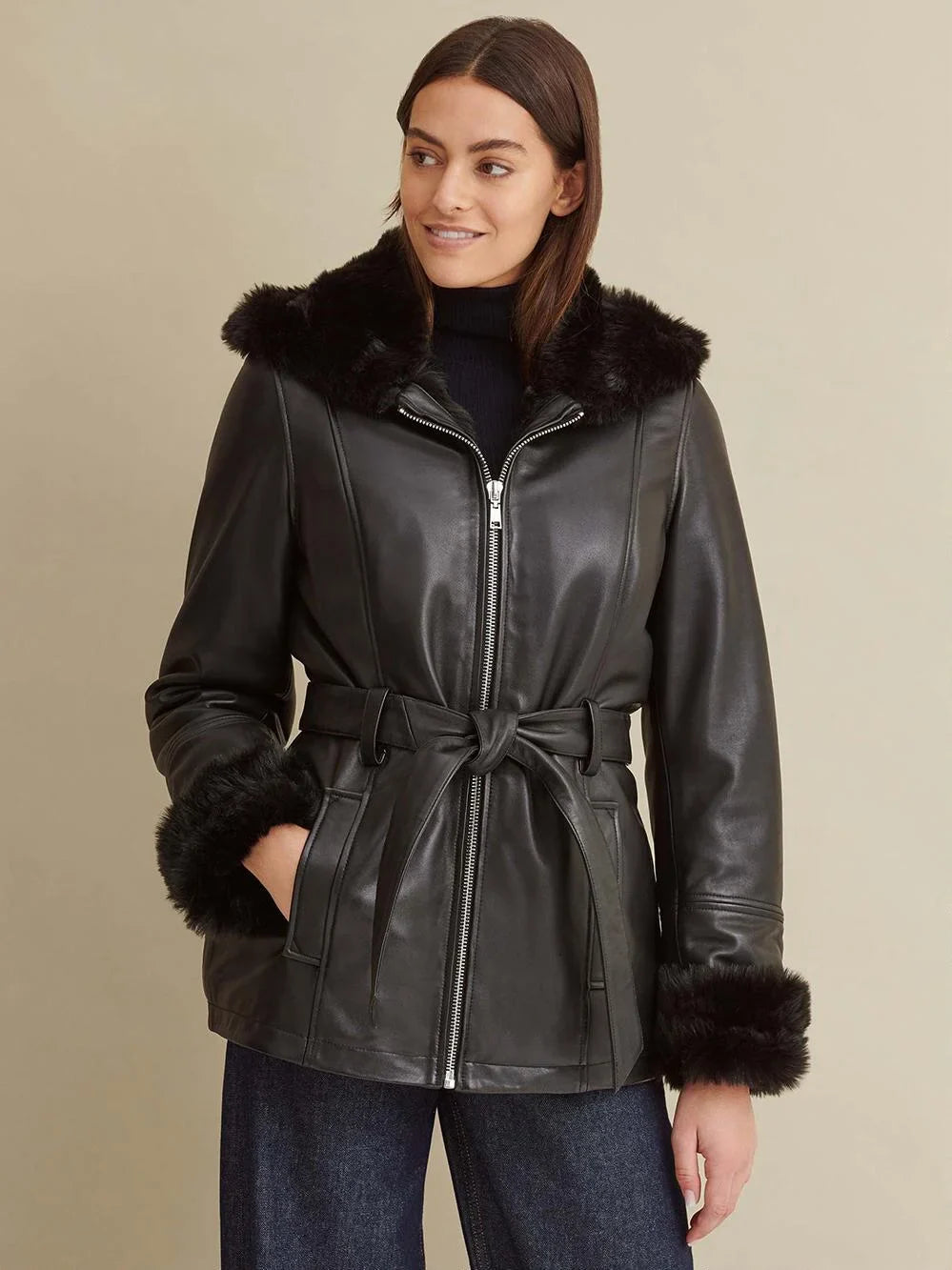 Premium Black Faux Fur Hooded Belted Leather Jacket