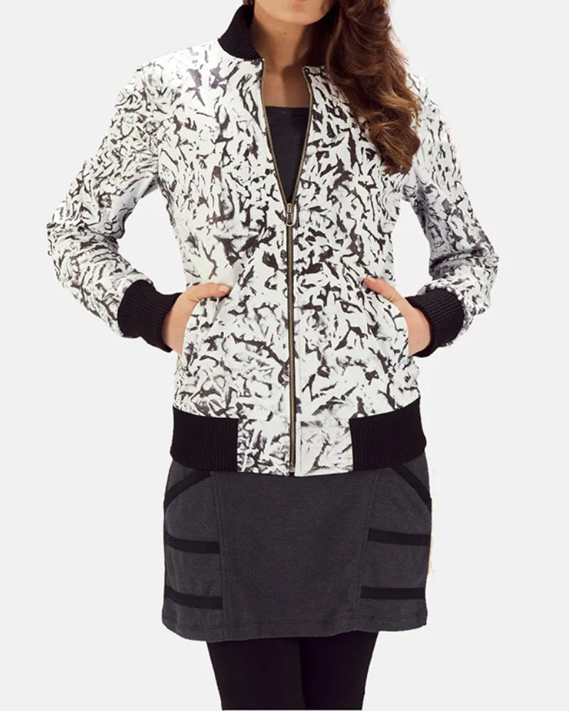 A stylish black and white bomber jacket for women