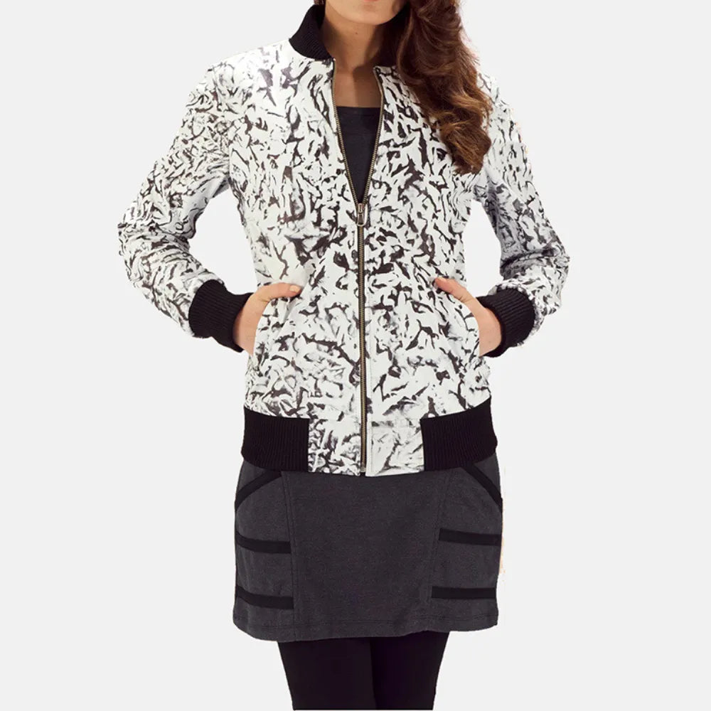 A stylish black and white bomber jacket for women