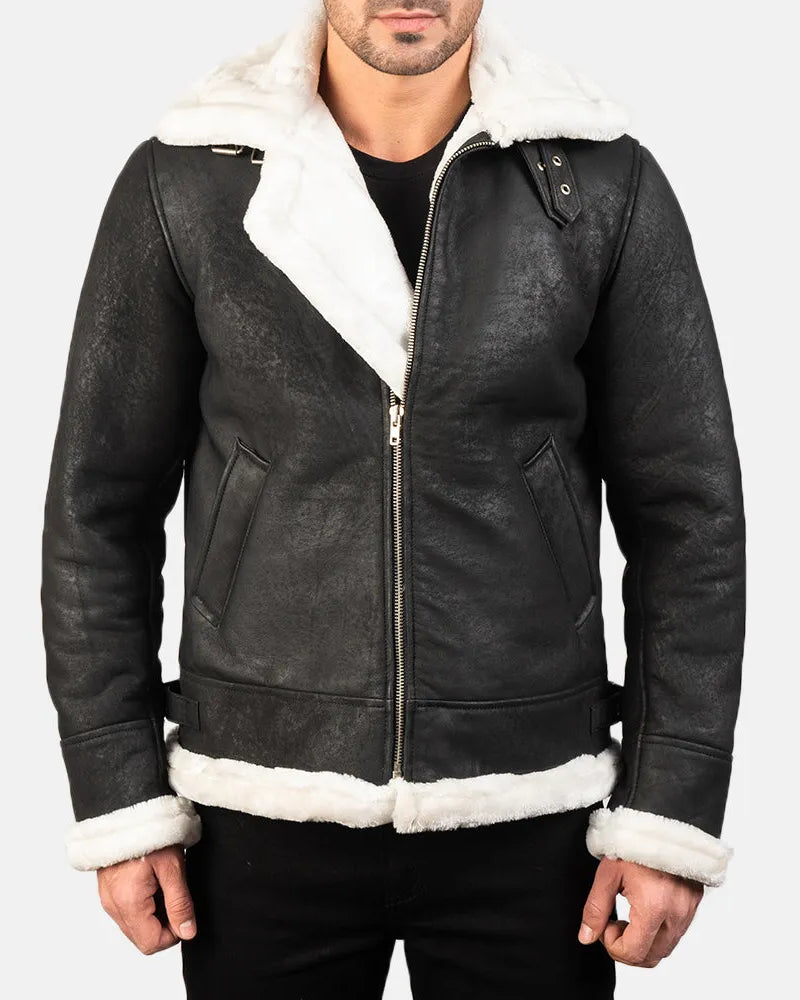 Fashionable men's jacket in White and Black Leather Jacket, designed white shearling collar.