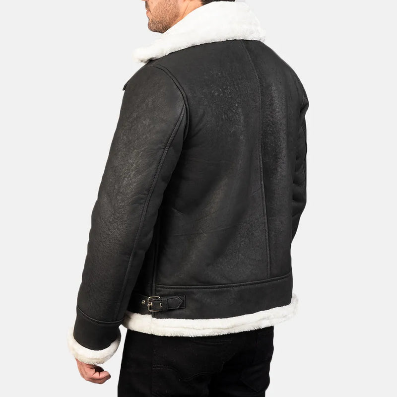 Fashionable men's jacket in White and Black Leather Jacket, designed white shearling collar.