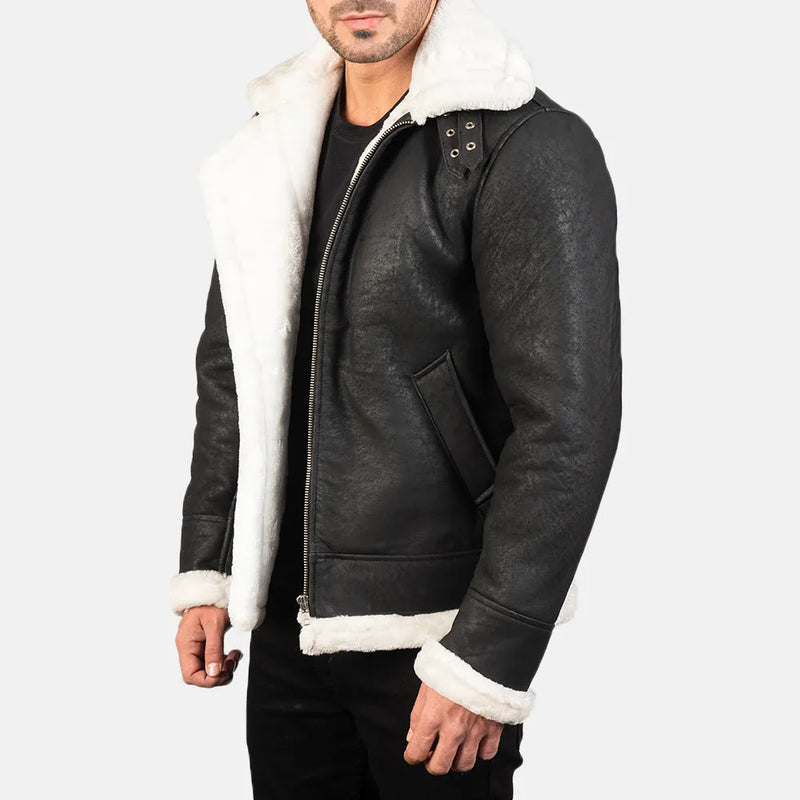 Fashionable men's jacket in White and Black Leather Jacket, designed white shearling collar.