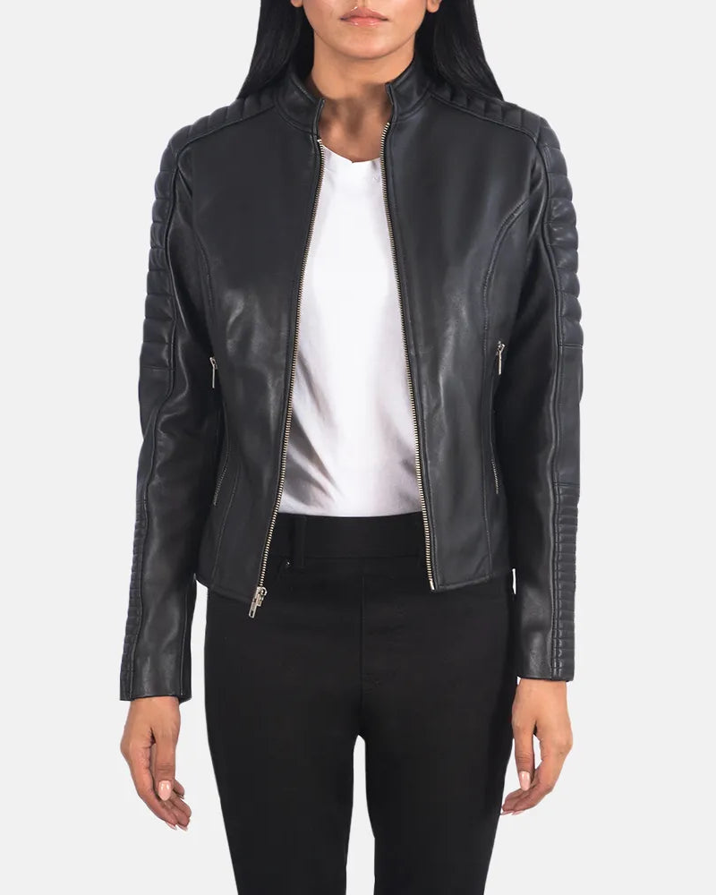 A stylish black leather women biker jacket with sleeve zippers.