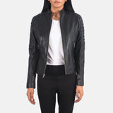A stylish black leather women biker jacket with sleeve zippers.