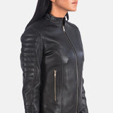 A stylish black leather women biker jacket with sleeve zippers.