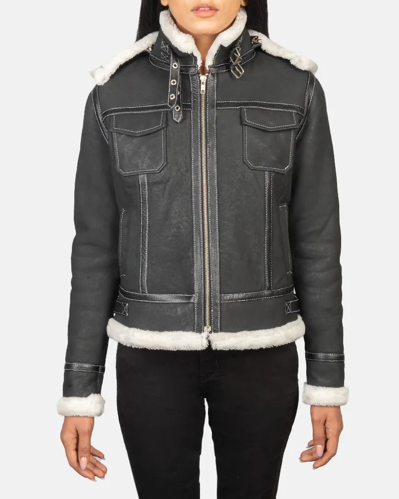 Black leather jacket Woman with shearling hood, perfect for staying warm and stylish during the colder months.