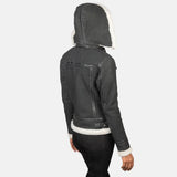 Black leather jacket Woman with shearling hood, perfect for staying warm and stylish during the colder months.
