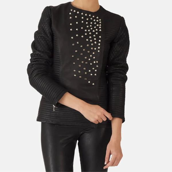 Stylish women's black leather jacket with studded detailing.